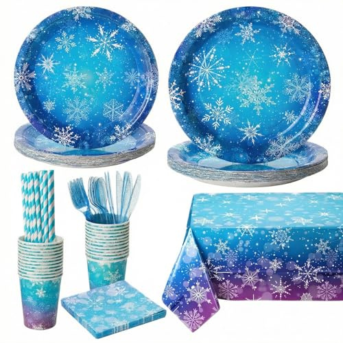 Winter Snowflake Birthday Party Decorations, 194 Pcs Blue Purple Snowflake Tableware Set with Plates, Napkins, Cups, Banner, Tablecloth and Cutlery for Winter Wonderland Party Supplies, Serves 24