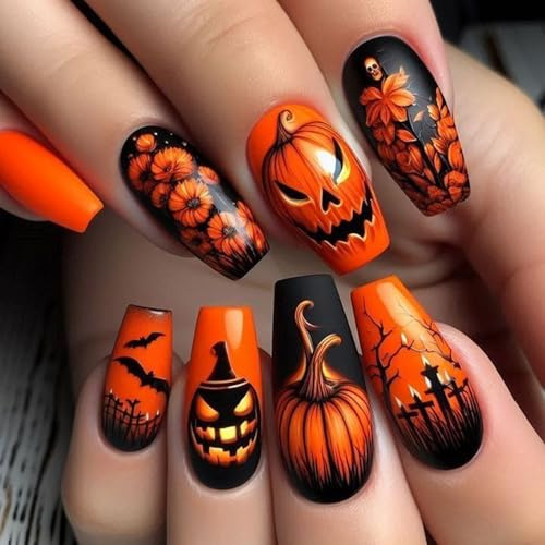 24 Stück Schwarz Orange Press on Nails, Mittel Sarg Nägel zum Aufkleben, Glänzend Kunstnägel mit Totenkopf Kürbis Fledermaus Design, Blumen Acryl Full Cover Künstliche Fingernägel für Frauen Mädchen