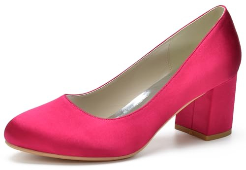 LRMYMHY Women's Closed Round Toe Block Heel Satin Wedding Pump Shoes Chunky Low Heel Bridal Prom Heels Sandals,Fuchsia,4 UK