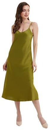 J.Corrine Vestido de satén para mujer, tirantes delgados, longitud midi con cuello en V, abertura lateral, informal, fiesta, sexy, vestido de noche largo, verde oliva, M