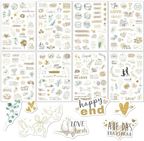 Sticker Hochzeit Gästebuch (230+ Motive), Vintage Hochzeit Aufkleber | Sticker Fotoalbum Liebe, Aufkleber Liebe Herzen für Gästebuch Fotoalbum oder Scrapbook Wedding Deko-Golden