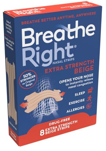 Breathe Right Extra Strength Beige 8 Pieces, Nasal Strips for Snoring, Nose Strips for Breathing, Blocked Nose Relief, Drug-Free Snoring Aid for Men and Women, Pack of 8
