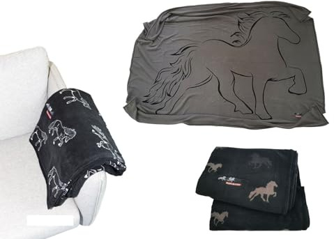 NETPROSHOP Fleece Sofadecke Kuscheldecke mit Motiv Isländer Pferd ca. 215x165 cm, Farbe:Gangarten Schwarz
