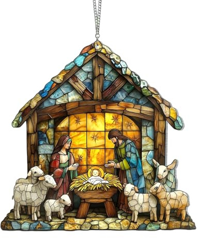 Generisch Acchiappasole per presepe – 15,2 cm grande ornamento in vetro colorato acrilico dipinto a mano, decorazione per finestre di Natale, luce colorata della sacra famiglia | ornamento religioso