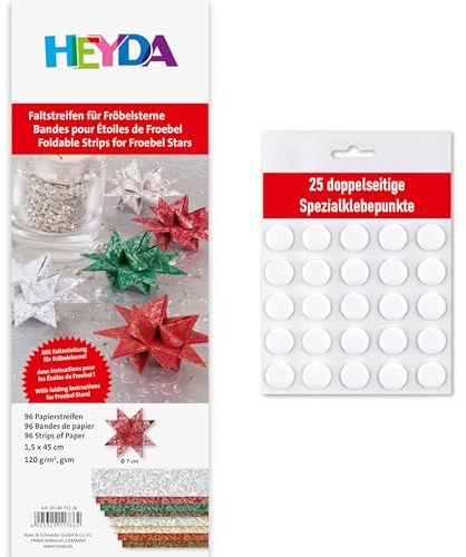 Heyda Faltstreifen für Fröbelsterne – 96 Streifen, 1,5×45 cm, 120 g/m² – beidseitig bedruckt – Bastelpapier Set für 24 Sterne – mit Anleitung – inklusive 25 Klebepunkte (bunt 1,5x45cm)