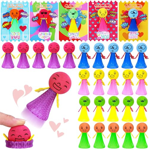 28 Pack Valentines Day Cards for Kids School Classroom Exchange, Jumping Spring Popper Toys with 28 Cards and Gold Strings, Emoji Bouncy Figures for Party Favors Treasure Box Prizes and Goodie Bags