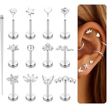 KRFY 16G/18G Helix Piercing Jewellery Surgical Steel Internally Threaded Tragus Stud Flat Back Earrings Cartilage Helix Lip Bar Tragus Conch Labret Nose Piercing 6mm-18G-Silver