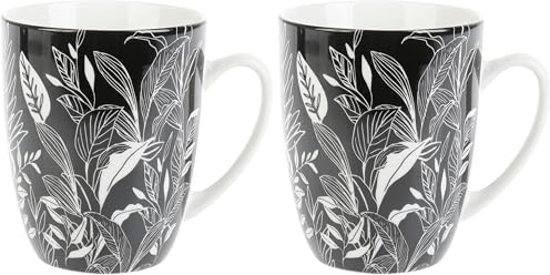 GENEVIEVE LETHU 538771 Mug 34 cl Porcelaine - Gamme ESQUISSE VEGETALE - Ø 8.5 cm H 10.5 cm - Coloris Blanc-noir (Lot de 2)