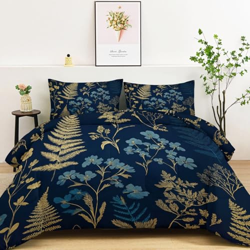 Srigzcaly Bettdecke 135x200cm 4 Jahreszeiten Pflanzen Wilde Blumen Farne Blätter Wende Steppdecke, Warme & Weiche Ganzjahresdecke Dunkelblau ohne Bezug - Waschbar Schlafdecke mit 2 Kissenbezug 80x80cm