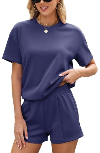 Famulily Short Summer Sets Women 2 Piece Outfits Loungewear Travel Tracksuit Oversized T Shirts Elastic Waist Shorts with Pockets (L, Navy Blue)