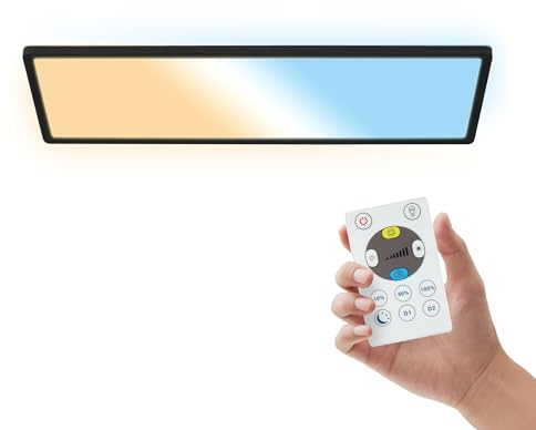 B.K.Licht - LED Deckenlampe, Flach, Dimmbar, Indirektes Licht, CCT warmweiß bis tageslichtweiß, IP44, Panel, Deckenleuchte, Kinderzimmer, Badezimmer Lampe, Küchenlampe, 58x20x3cm, Schwarz