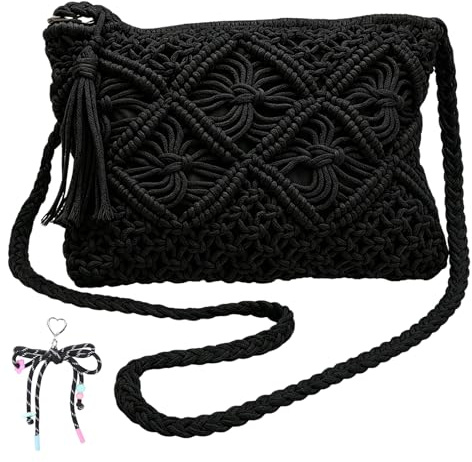 Solivive Woven Crochet Crossbody Bag with Tassel Bow for Women, Summer Holiday Beach Travel Vacation Resort Picnic Shoulder Clutch Handbag 25x19x2cm