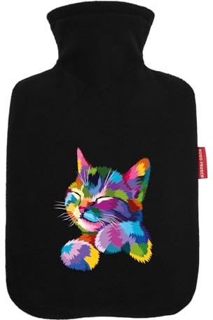 Huuraa Wärmflasche Katze Colorful Geschenk | Veloursbezug Geschenkidee mit Motiv Auslaufsicher mit waschbarem Bezug