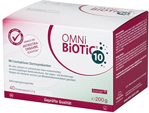 OMNi BiOTiC 10 | 40 Portionen (200g) | 10 Bakterienstämme | 10 Mrd. Keime pro Tagesdosis | Pulver | Mit Inulin | Vegan | Glutenfrei | Lactosefrei | Zur täglichen Anwendung