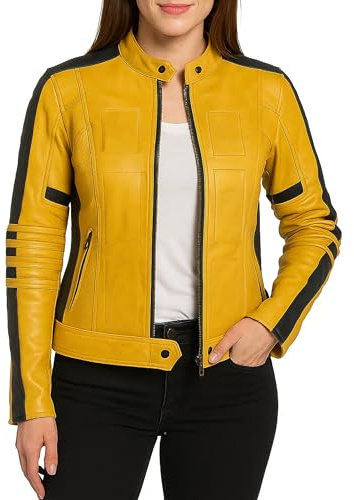 Fashion_First Ladies Biker Yellow Leather Jacket Women Motorcycle Uma thurman Costume Leather Jacket