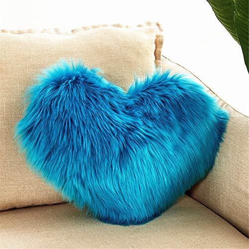 GLITZFAS Herzkissen Faux Lammfell Schaffell Kissen Dekokissen Zierkissen für Sofa Bett (Blau)