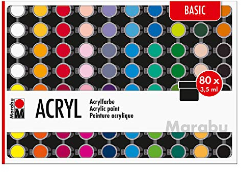 Marabu 1210000000207 - Großes Einsteigerset Acrylfarben Basic, 80 x 3,5 ml, auf Wasserbasis, wasserfest und lichtbeständig, schnelltrocknend für Keilrahmen, Papier, Pappe, Holz