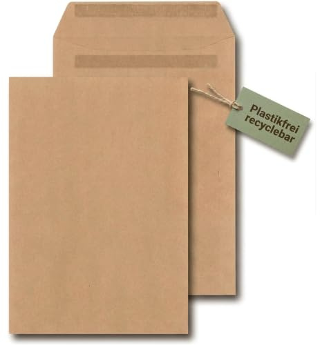 KK Verpackungen Versandtaschen DIN B4 | 25 Stück, 250x353 mm Briefumschläge selbstklebend | 110 g/m² Mischnatron Braun | Kuvert ohne Fenster für Dokumente, Bewerbungsunterlagen