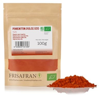 FRISAFRAN | Pimentón Dulce en polvo 100g | Ecológico | molido | pimenton-español | dulce | pimiento | Alto nivel en vitaminas y minerales | Origen ★ Murcia | Especia Natural | fresco