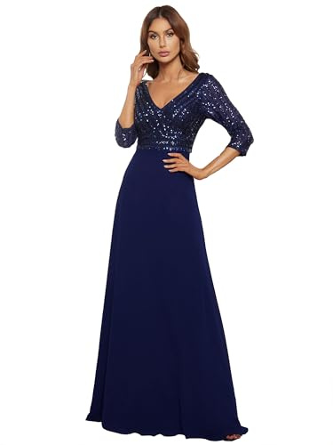 Ever-Pretty Damen V-Ausschnitt Pailletten Lange Ärmel Abendkleid Bodenlang A-Linie Elegant Chiffon 00751