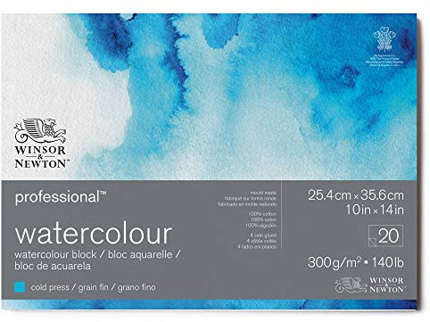 Winsor & Newton Papel de Acuarela Profesional, Grano Fino, 300gr, 100% Algodón, Blanco Natural, Libre de Ácidos, 25,4X35,6CM, Bloc Encolado en los 4 Lados, 20 Hojas