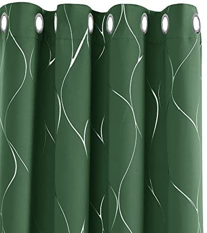 Deconovo Window Treatment Eyelet Door Thermal Curtains Silver Wave Line Foil Printed Blackout Curtains for Nursery Dark Forest W52 x L84 One Pair