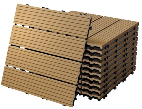 ECD Germany WPC Terrassenfliesen 30x30 cm/33 Fliesen=3m², Teak, geriffelt, Holzoptik, Bodenbelag mit Klicksystem und Drainage, Terrassendielen Balkonfliesen, Klickfliesen für Terrasse Garten Balkon
