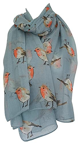 Purple Possum® Damen Schal mit Rotkehlchen-Aufdruck, hellblaue Vögel, großer Vogel, Rotkehlchen