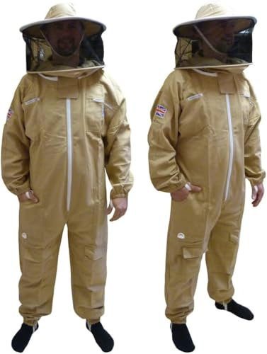 Round Hat Cotton Beekeeping Suit – Olive Protective Clothing for Beekeepers, Traditional Professional Bee Keeping Outfit (Small)