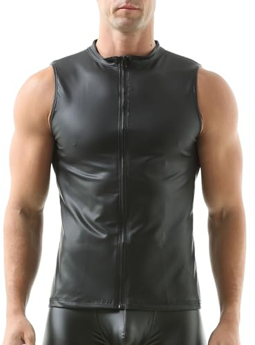 QiaTi Men's Faux Leather Vest Undershirt Mens Sleeveless Tank Top Zipper Stand Collar Shirt Muscle Waistcoats Fit Athletic