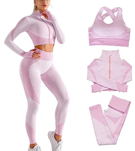 Veriliss Damen 3teiliger Gym Trainingsanzug Nahtlose Laufbekleidung Fitness Kleidung Jogginganzug Reißverschluss Kapuzen Tennis Laufen Set