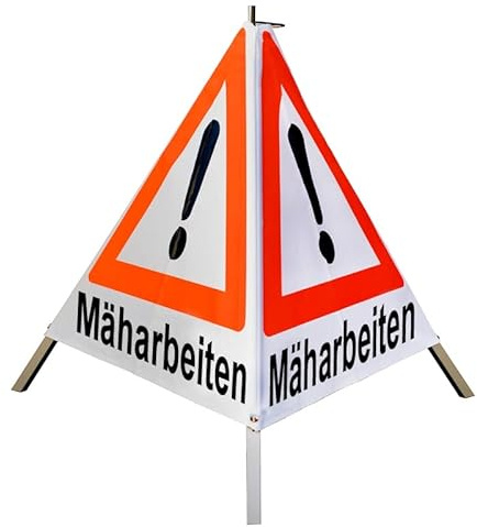 Warnpyramide/Faltsignal 70 cm - Achtung (VZ101) Mäharbeiten - weiß tagesl., schwer