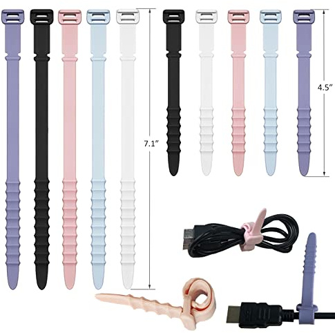 Silicone Zip Ties, Reusable Zip Ties, Rubber Cable Ties Straps for Wire Management, Elastic Silicone Ties Cable Organizer for Home Office, Multicolor Cord Ties in Two Sizes 4.5 and 7.1 (5+5 Pcs)