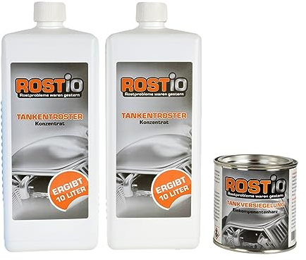 Rostio Tankentroster-Set 2L – inkl. 500ml Tankreiniger & 250ml Tankversiegelung – Mischverhältnis 1:10 (20 L Lösung) – Tanks bis 20L – Rostentferner & Korrosionsschutz – ethanolfeste Versiegelung