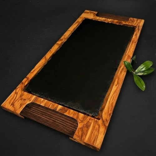 What the Art!® Olive Wood «Ardoise» | Tabla de servir de madera de olivo con tabla de pizarra + cuencos para salsa + regalo | 45 x 21 x 3 cm | Tabla de queso – Bandeja para sushi