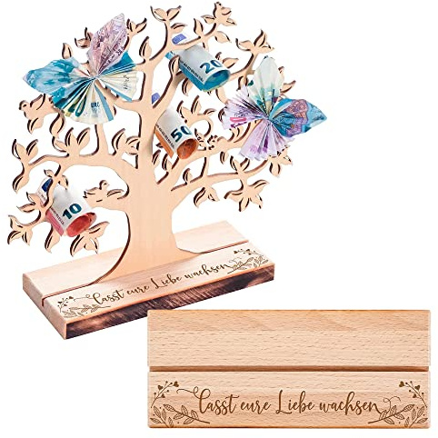 Geldbaum aus Erlenholz mit Gravur zur Hochzeit, Hochzeitsgeschenk für Brautpaar, Hochzeitsdeko, Verpackung für Geldgeschenke