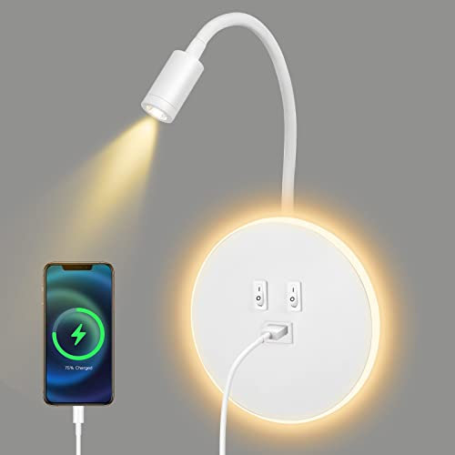 Applique da Comodino a Parete 3W + 9W 3000K, LED Lampada da Lettura a Collo di Cigno con Porta di Ricarica USB e Interruttore, Faretto Regolabile per Camera da Letto Scale Salotti Hotel(girare Bianco)