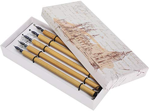 Dip Pen Set Manga Rétro Britannique Boîte Vintage Kit 5 Pcs Fournitures Art Mot Pratique Stylo Bambou Acier Écriture Correction Fournitures (jeu de plumes rondes)