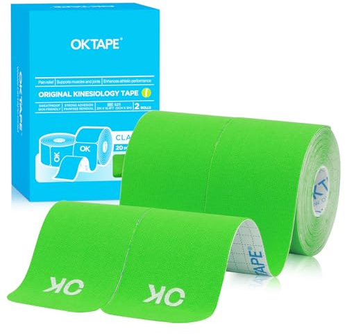 OK TAPE Kinesiologie Tape Pre-cut, 25 cm lang und 5 cm breit, 40 Strips, Physio Tape und Sport Tape for Injuries and Pain,Elastic and Skin-Friendly Muscle Tape (2 Rollen,Grüner)
