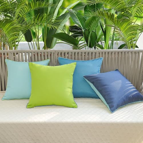 Lewondr Impermeable Funda de Almohada para Exterior, 4PCS 50x50cm Fundas de Almohada Decorativas de Poliéster de Doble Cara con Ribetes, Cubierta de Cojín Cuadrada para Patio Jardín Casa, Azul