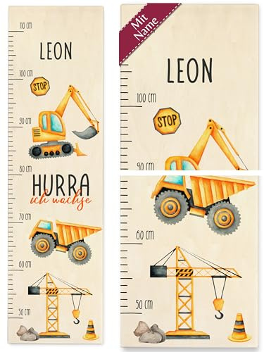 Messlatte Kinder - Hurra ich wachse Kindermesslatte - Baustelle Baustellenfahrzeuge Bagger Kipper Kran - 50-110 cm - Holz - messlatten für baby- & kleinkinderzimmer baby