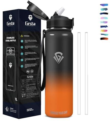 Grsta Botella Agua Acero Inoxidable, Botella Agua 1 litro, a Prueba de Fugas, Reutilizable con Pajita, Fácil de Limpiar, sin BPA, Para Deportes, Camping, Ciclismo