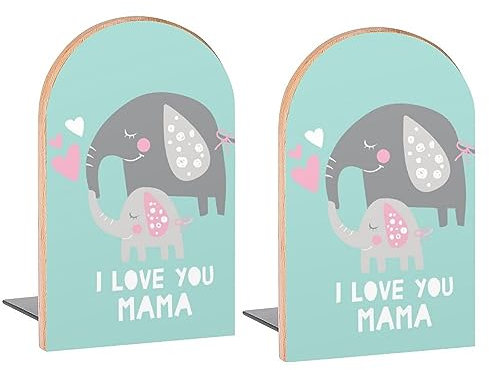 Elefant Love You Mama Buchstützen, dekorative Holz-Buchstützen für Regale, Zimmer, Schreibtisch, Heimbüro, Buchstopper für Zeitschriften, Bücher, DVDs, 2 Stück