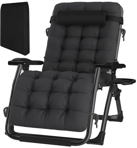 islerus 83 cm extra bred solstol, vikbar, trädgårdsfåtölj med kudde, nackstöd och mugghållare, solstol hopfällbar med justerbart ryggstöd, relaxfåtölj för uteplats strandpool, svart