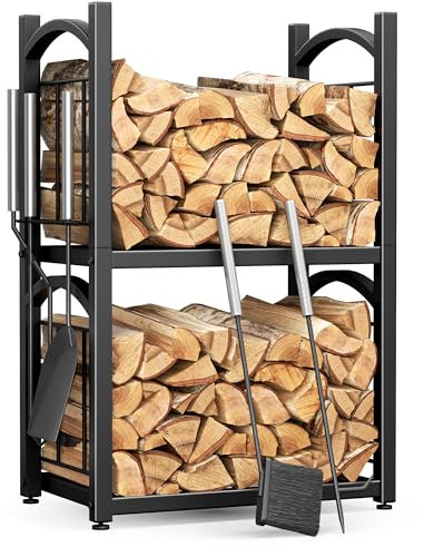 HFHOME Range Buche Interieur Exterieur 2-en-1 Porte Buche, Abri Buches Pour Rangement Bois, Range-Bûches 78 x 46 x 32 cm Avec Accessoires Pour Poêle: Pelle, Balai, Pince et Tisonnier