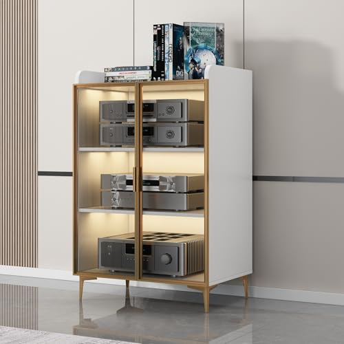 Medienaufbewahrungsschrank Moderner Stereo-Rack-Systemschrank mit 2/3 Regalen AV-Schrank mit Glastüren Medienkonsole ohne LED-Licht für Besprechungs Wohn Gaming und Aufnahmeräume.(Wit,60X42X118cm)