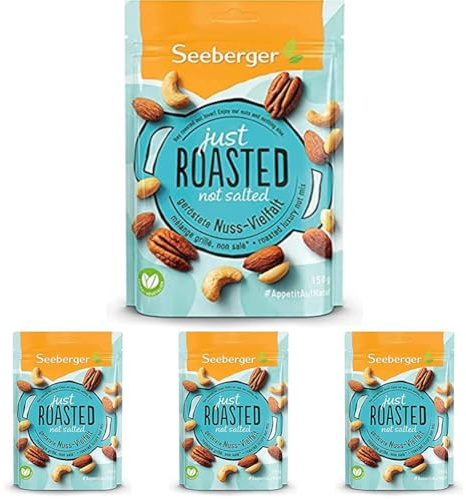 Seeberger Mélange grillé, non salé : Mélange croquant d’amandes, de noix de cajou, noix de pécan et cacahuètes – à grignoter et emporter – sans sel (1 x 150 g) (Lot de 4)