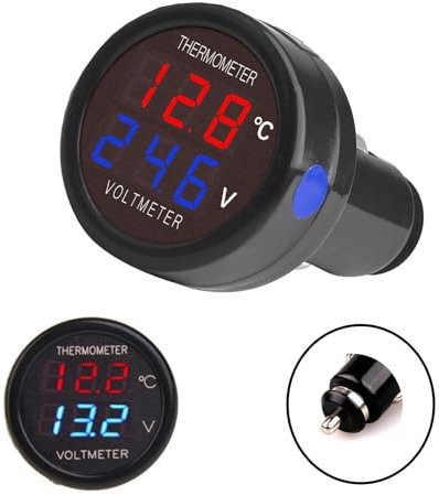 1 Pezzi 2 in 1 Voltmetro Digitale Termometro DC 12V 24V, HUAZIZ tensione batteria misuratore di temperatura monitor tester indicatore di livello per auto camion autobus (Rosso+Blu)