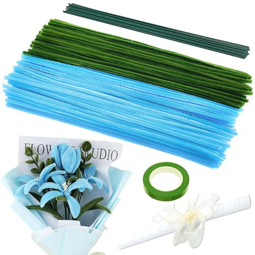 KAOTPO Pfeifenreiniger zum Basteln, 200 Stück Pfeifenputzer zum Basteln, Pfeifenreiniger Blumen Set mit Blumendraht, Bänder, Geschenkpapier, Geschenkband für Blumenstrauß DIY Dekorationen