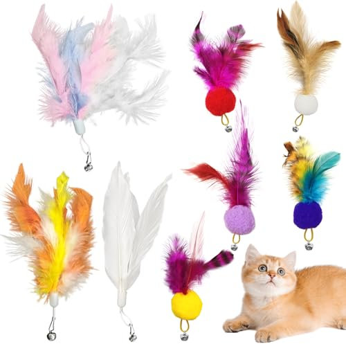 Alovez 8 Stück Katzenspielzeug Feder, Katzenangel Ersatzfedern Anhänger Federn Katzen Spielzeug mit Glocke für Katze, Farbe Zufällig